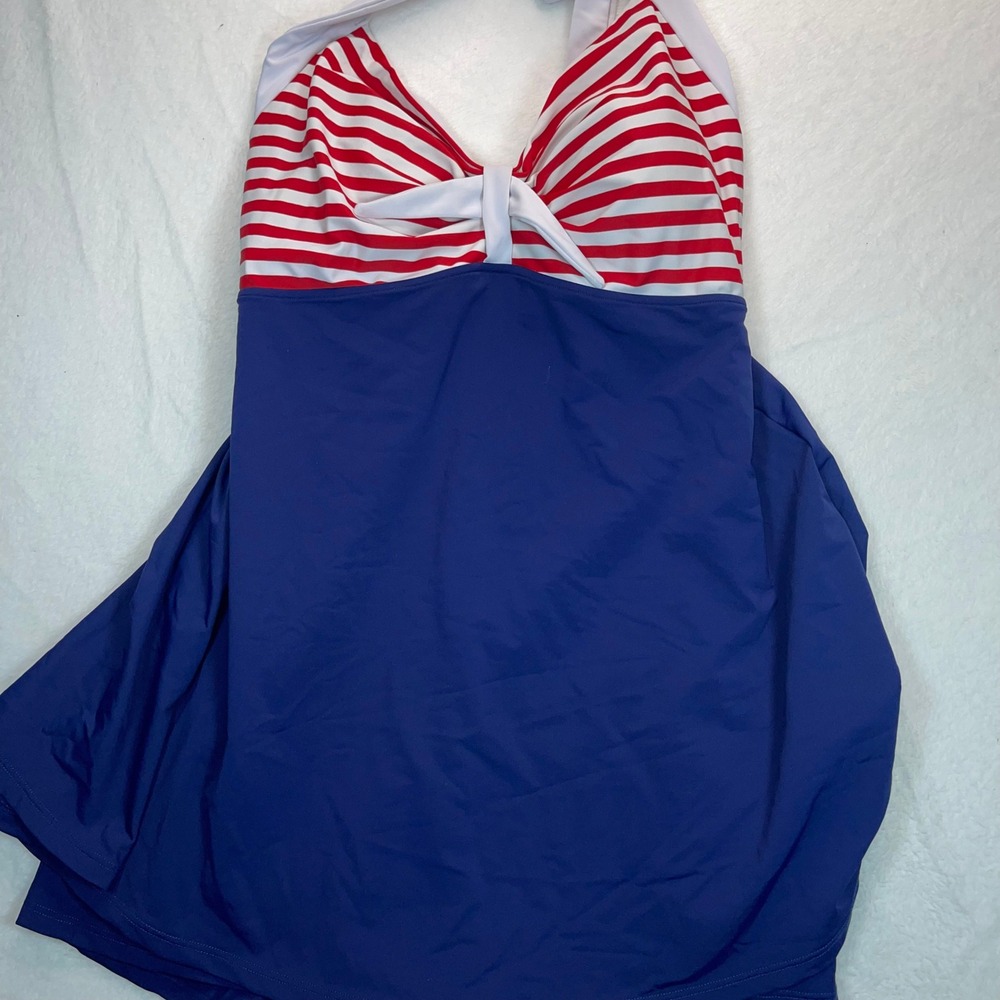 VTG Retro Red White‎ Blue Halter Swim Dress 18 XXL Pinup USA Patriotic Nautical